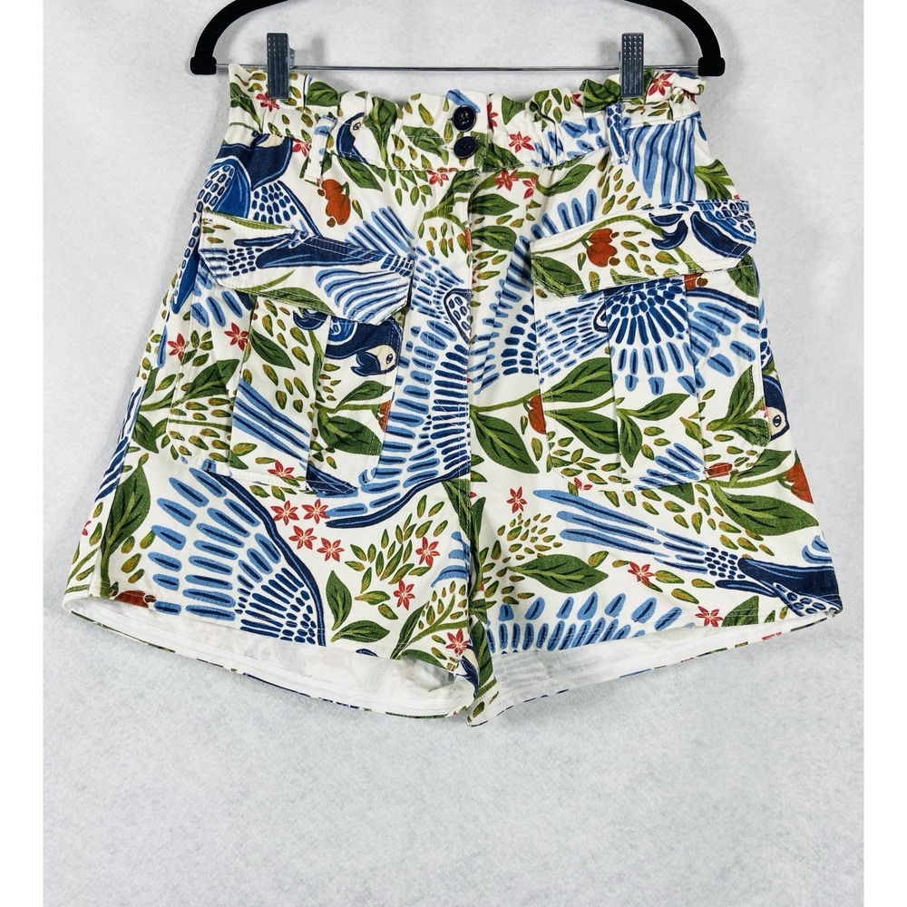 Farm Rio Shorts Womens Medium Blue White Macaw Flight Floral Wide Leg Boho Chic